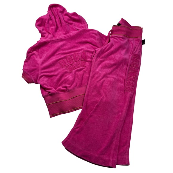 Rocawear Pants - Rocawear Pink Velour Tracksuit Set Y2K Short Sleeve Hoodie Cropped Pants Flare